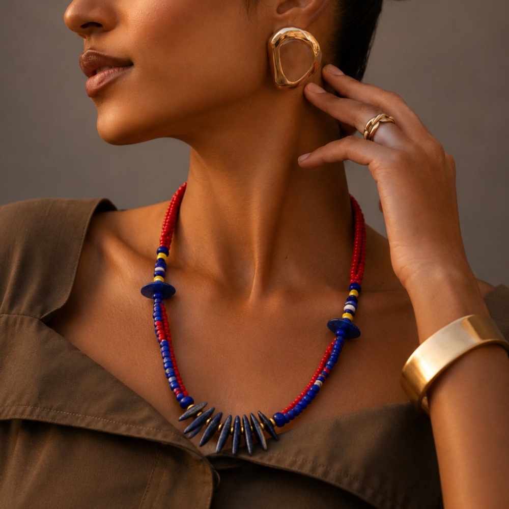 Handcrafted Red & Blue Beaded Necklace